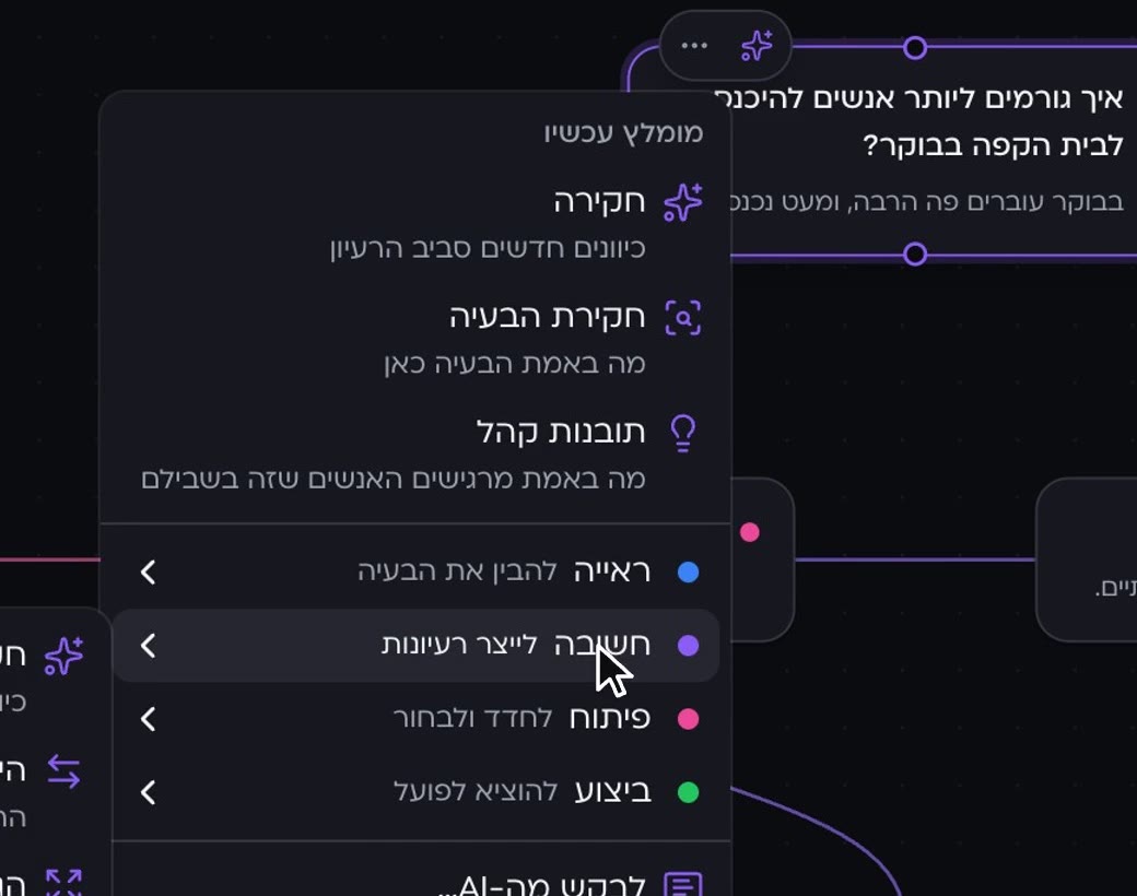 תפריט ה־AI באפליקציה, בנוי לפי ארבעת השלבים: ראייה, חשיבה, פיתוח, ביצוע